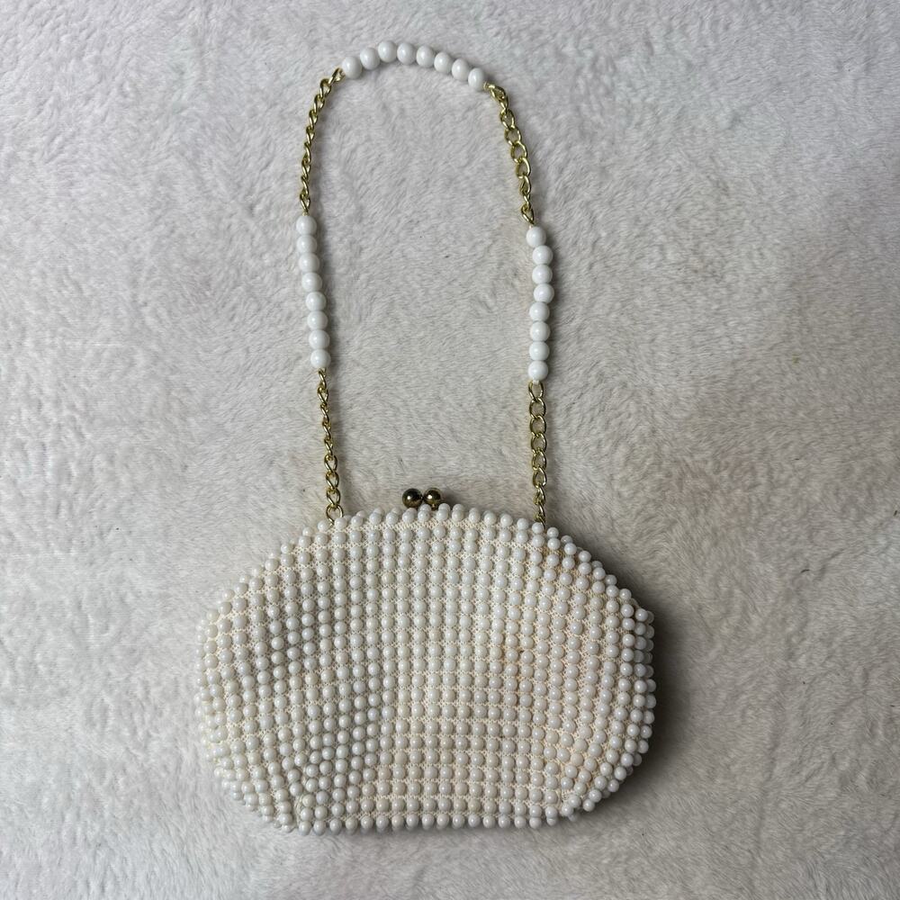 Vtg John Wind Beaded Purse White Handbag Chain Strap Clutch Wedding Art Deco MCM